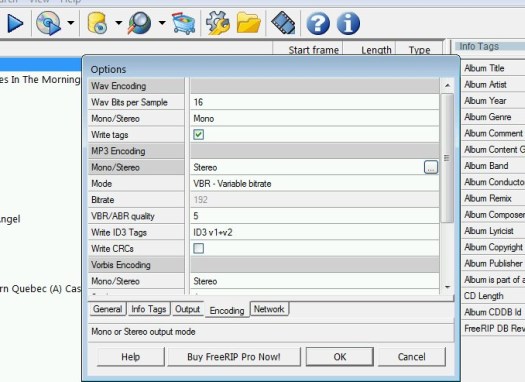 FreeRIP's Encoding options.