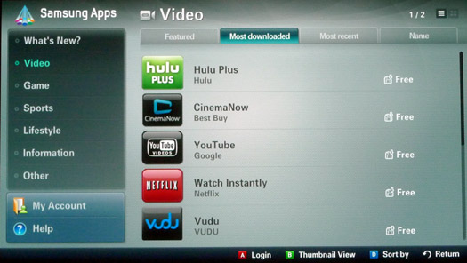 The Samsung Apps interface lets you download free and pay apps like Hulu Pl...