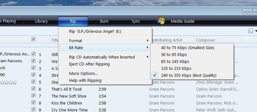 Windows Media Player Bit Rate options